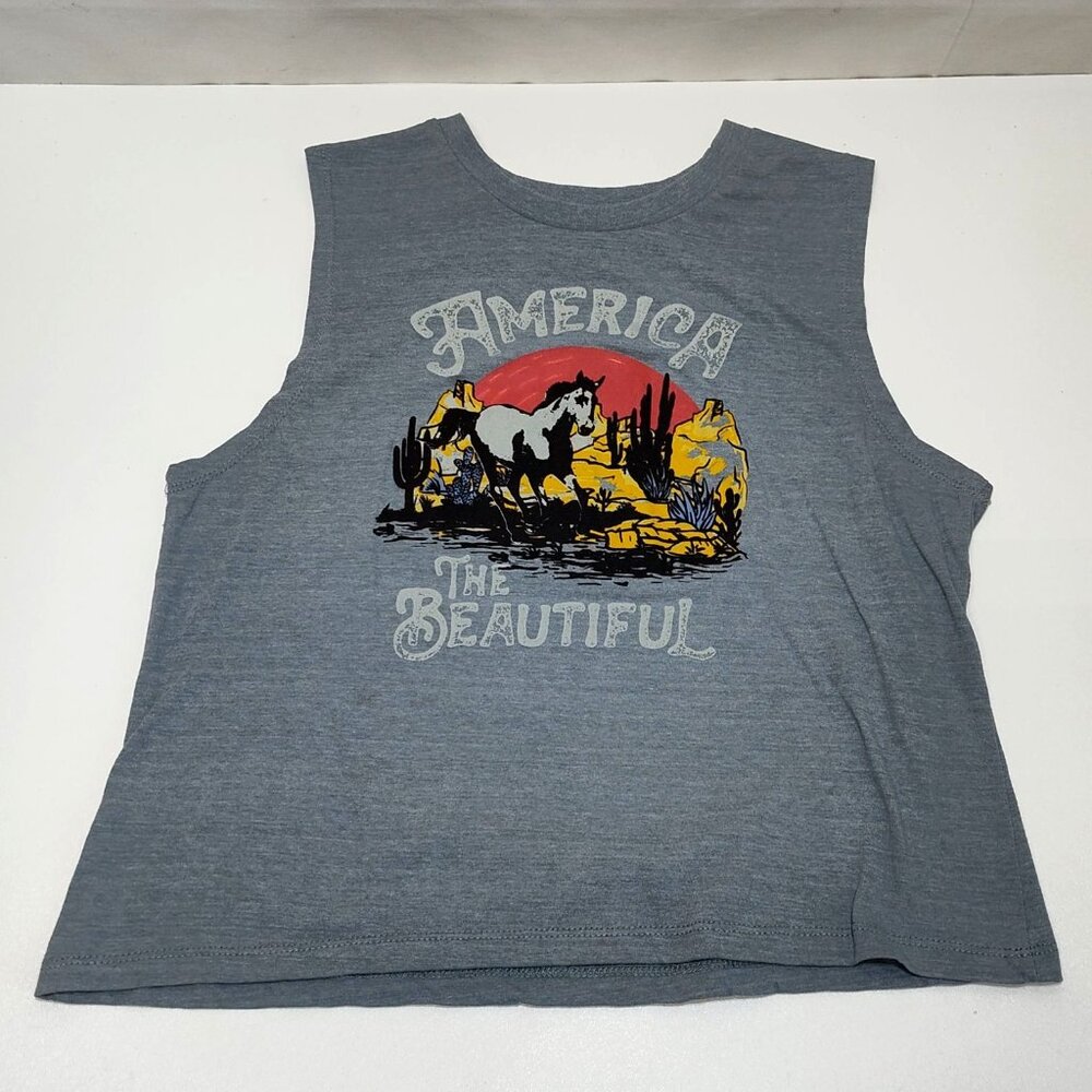 Willow Trails America The Beautiful Tank Top Small Horse Graphic Heather Gray
